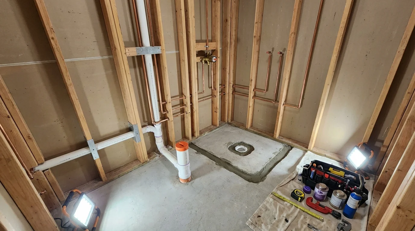 Bathroom rough-in plumbing during remodel by Johns Plumbing LLC in North Bergen