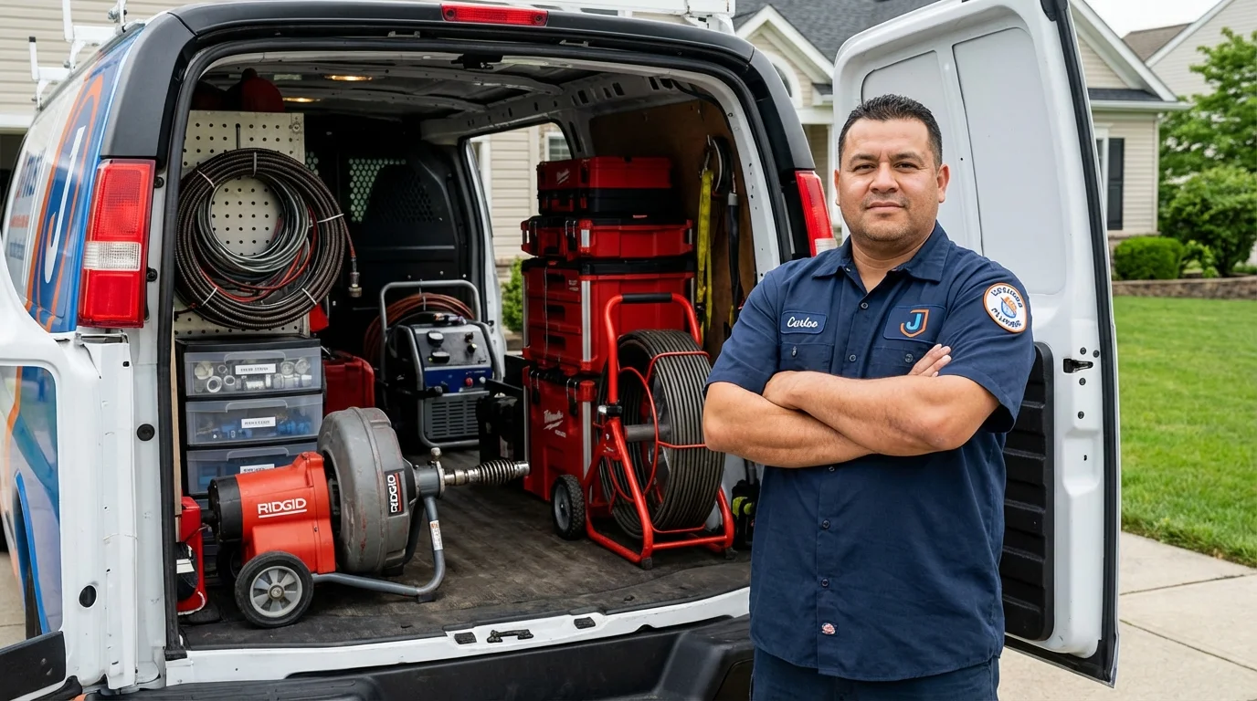 Professional drain cleaning equipment and Johns Plumbing LLC plumber in North Bergen