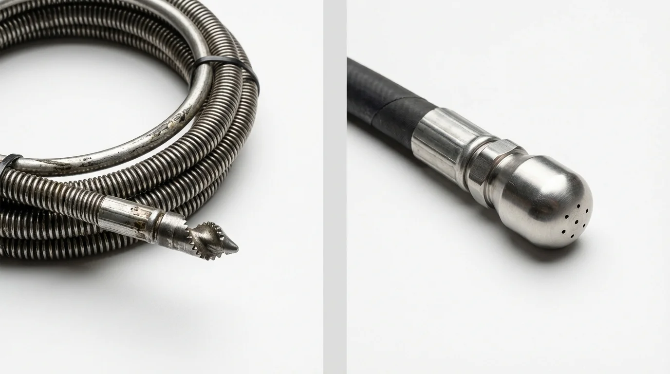 Drain snake cable and hydro jetting nozzle used for drain cleaning in North Bergen, NJ