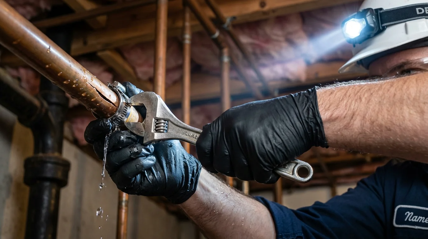 Emergency pipe clamp repair being performed by a Johns Plumbing LLC plumber in North Bergen