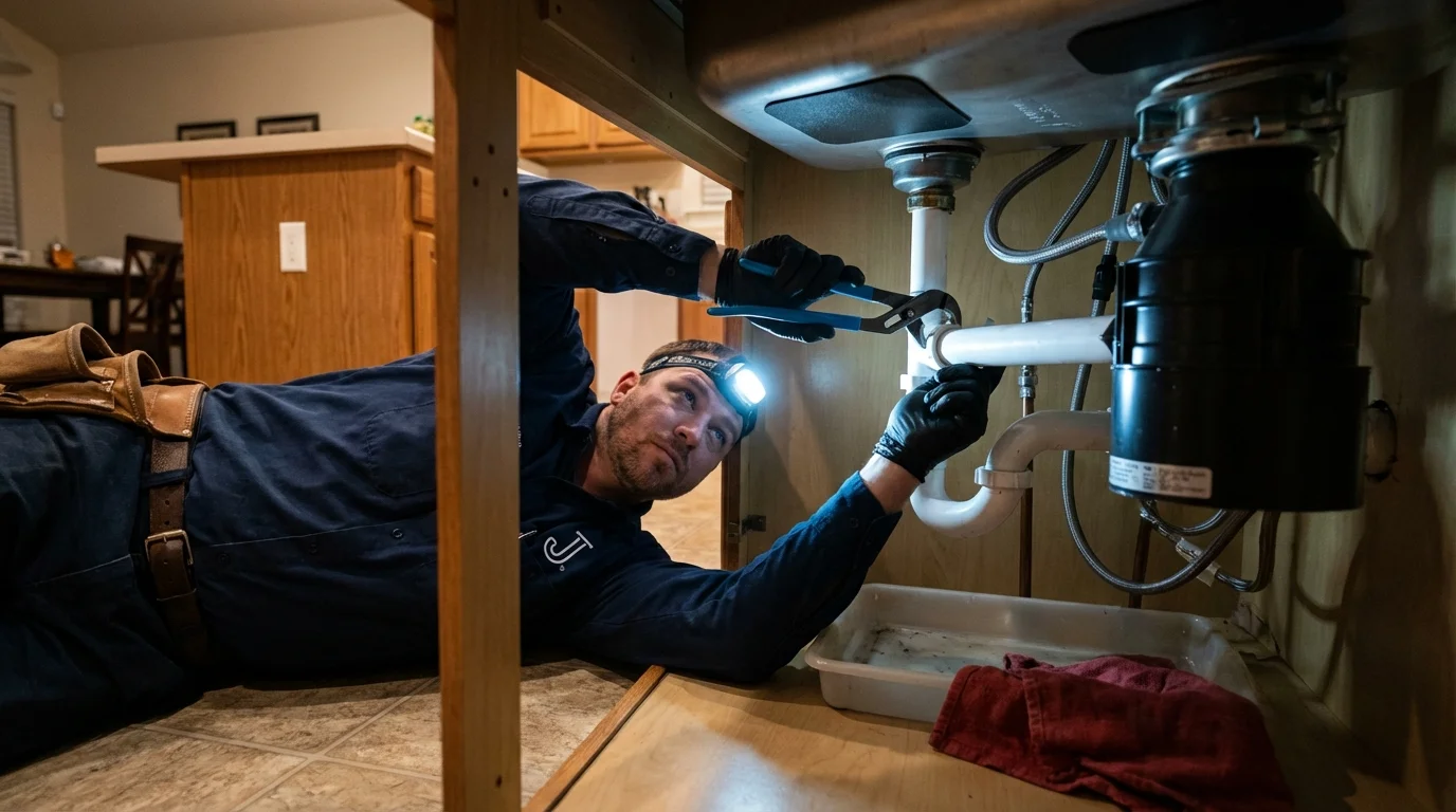 P-trap and supply line connections under a kitchen sink showing a common leak point in North Bergen, NJ
